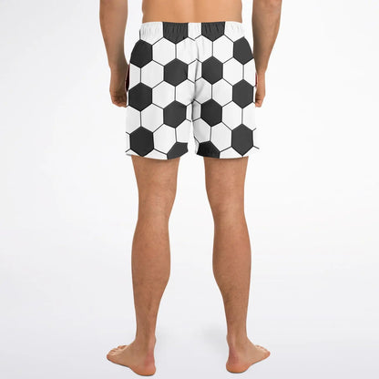 Men's swim shorts by Maris Equi featuring a black and white hexagonal pattern elastic waistband and above-the-knee cut.