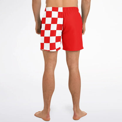 Men's swim shorts by Maris Equi featuring a red and white checkered pattern elastic waistband and above-the-knee cut.