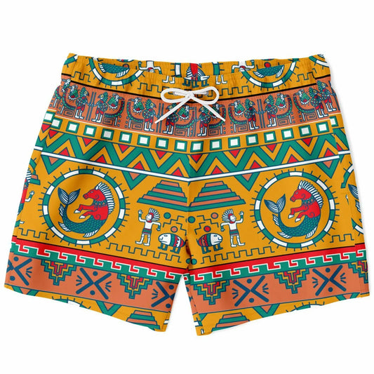 Colorful men's swim shorts featuring an Aztec pattern in orange green and blue made by Maris Equi.