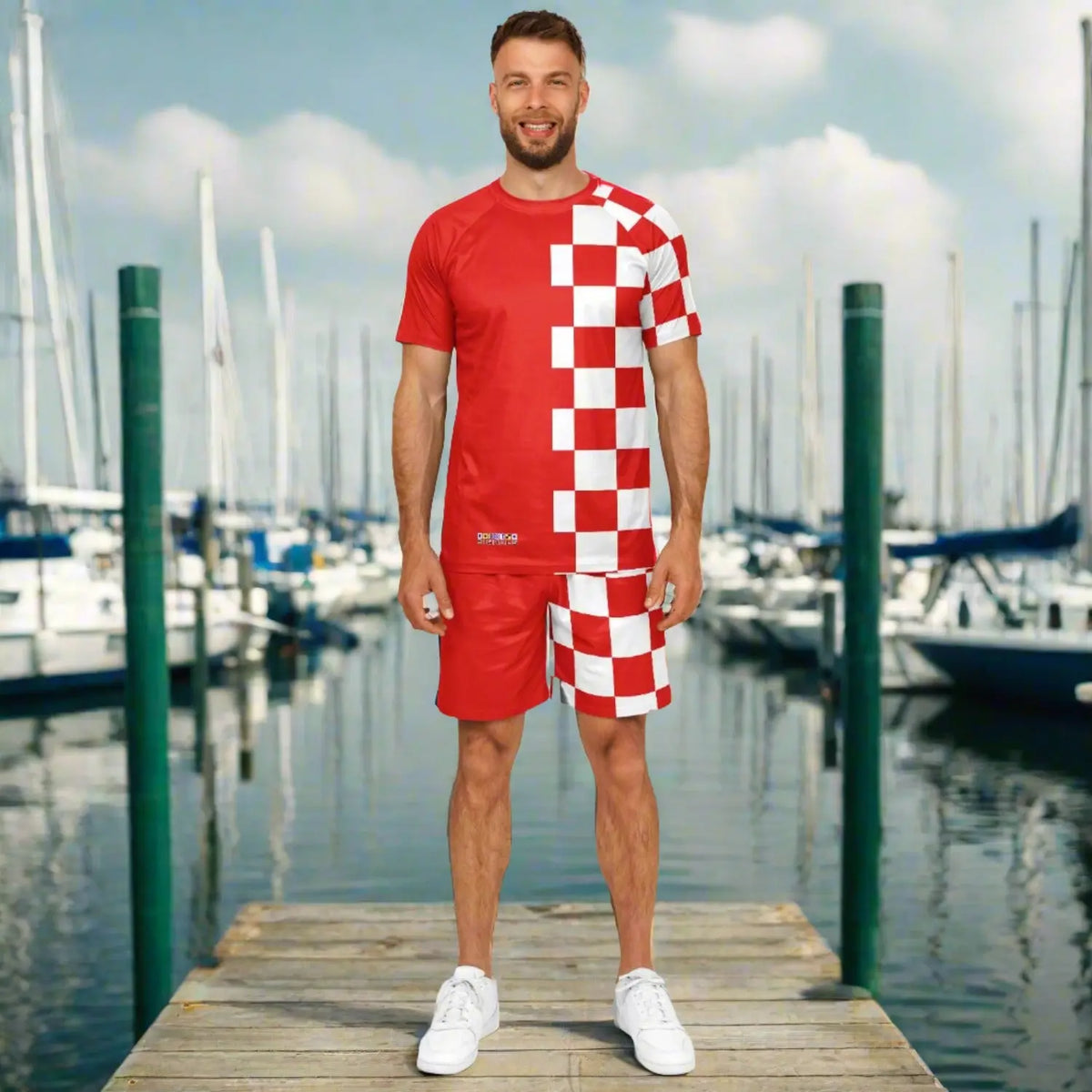 Red nautical-themed shorts and matching top set with checkered pattern worn by a model by Maris Equi.