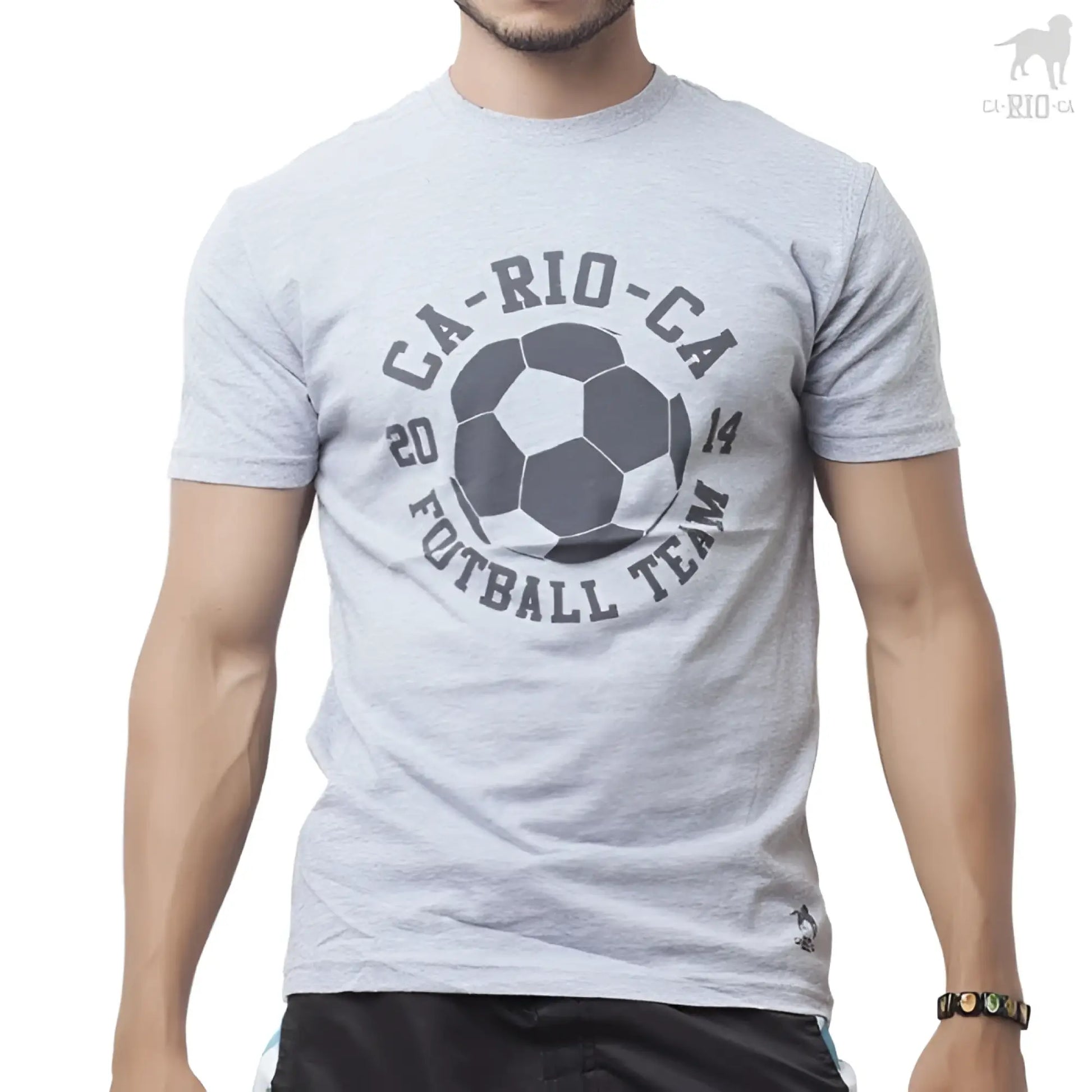 Gray heathered cotton t-shirt with black and white soccer ball and ca-rio-ca 2014 futbol team text in size M