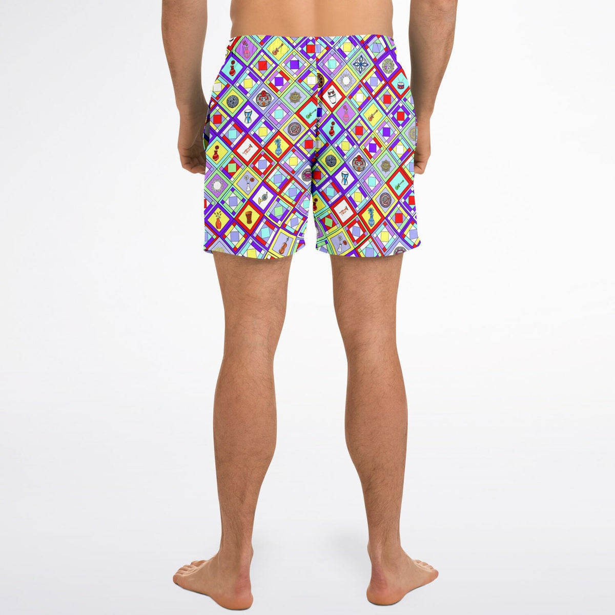 Maris Equi Retro Mod Geometric Diamond Print Swim Trunks for Men