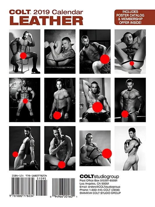 2019 colt leather calendar featuring black and white photos of muscular men in leather harnesses and lingerie