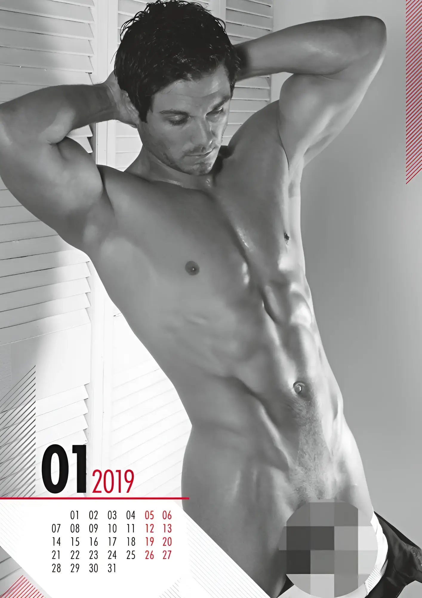Black-and-white 2019 pin up calendar page featuring a muscular man pose with date 01 and monthly grid size one size