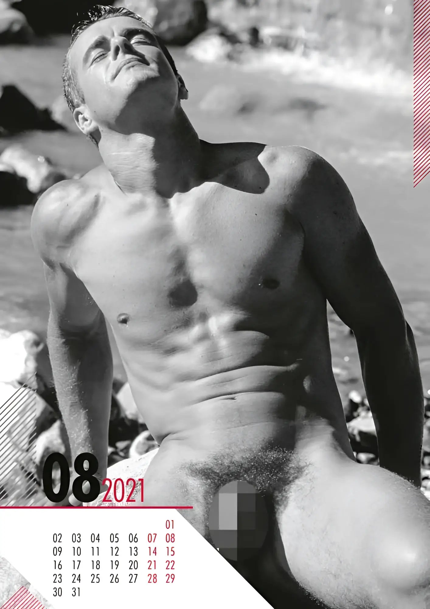 Black and white calendar page from calendar 2021 hc real cocks pin up featuring a man at the beach with august 2021 grid