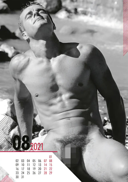 Black and white calendar page from calendar 2021 hc real cocks pin up featuring a man at the beach with august 2021 grid