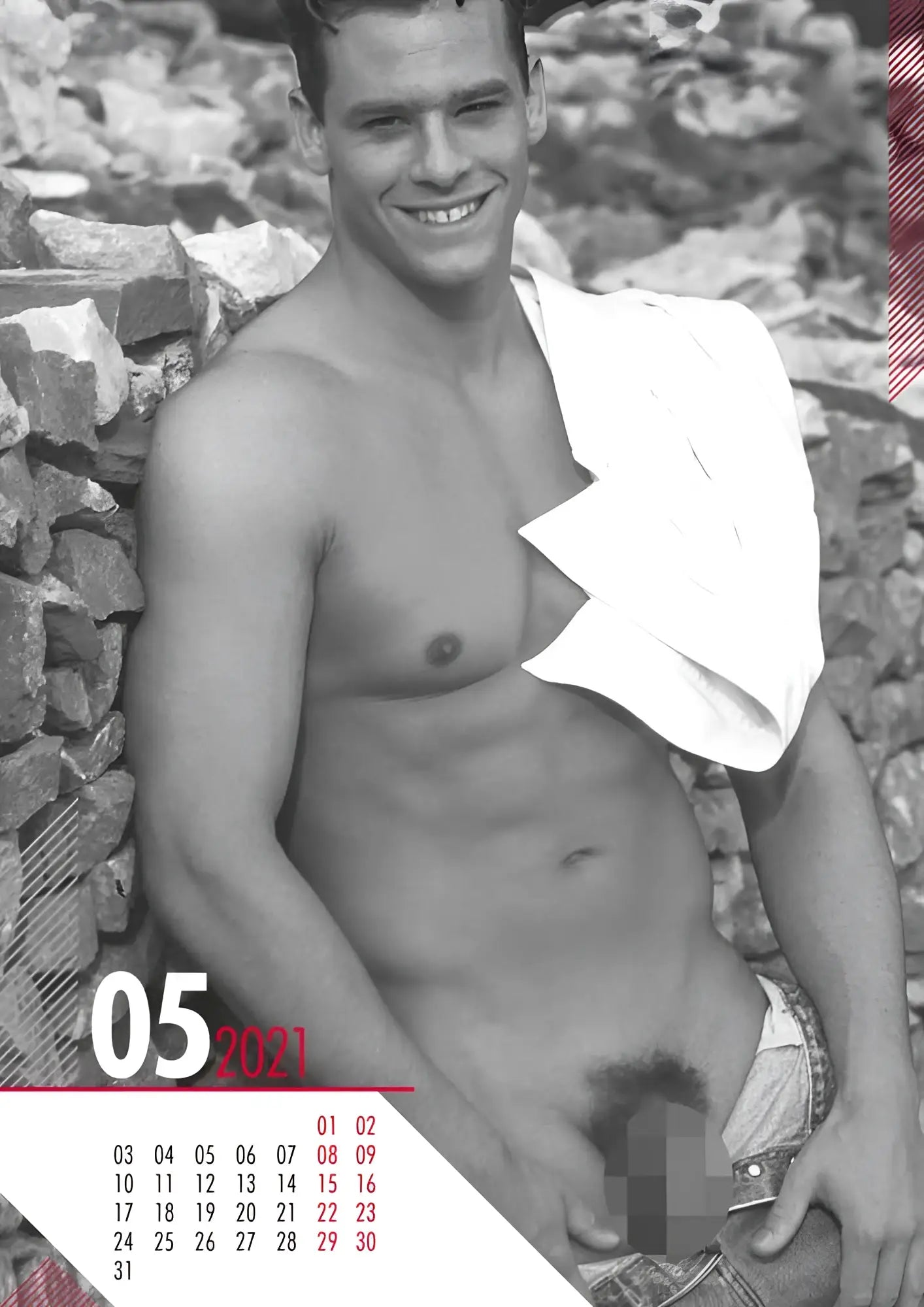 Black-and-white may 2021 calendar page featuring a shirtless man with defined abs and white towel for hc real cocks pin up
