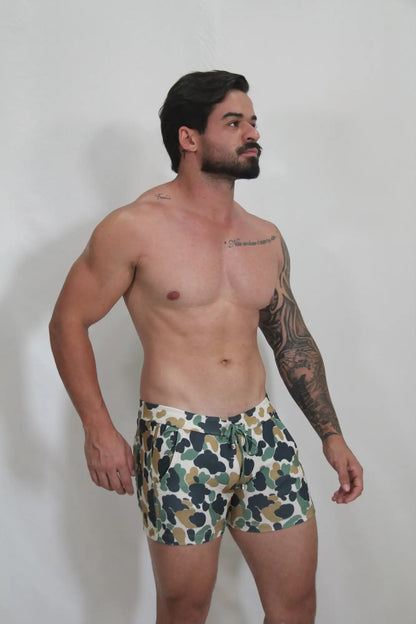 Camouflage fleece shorts in green beige and white with swim trunk style and lightweight material for men