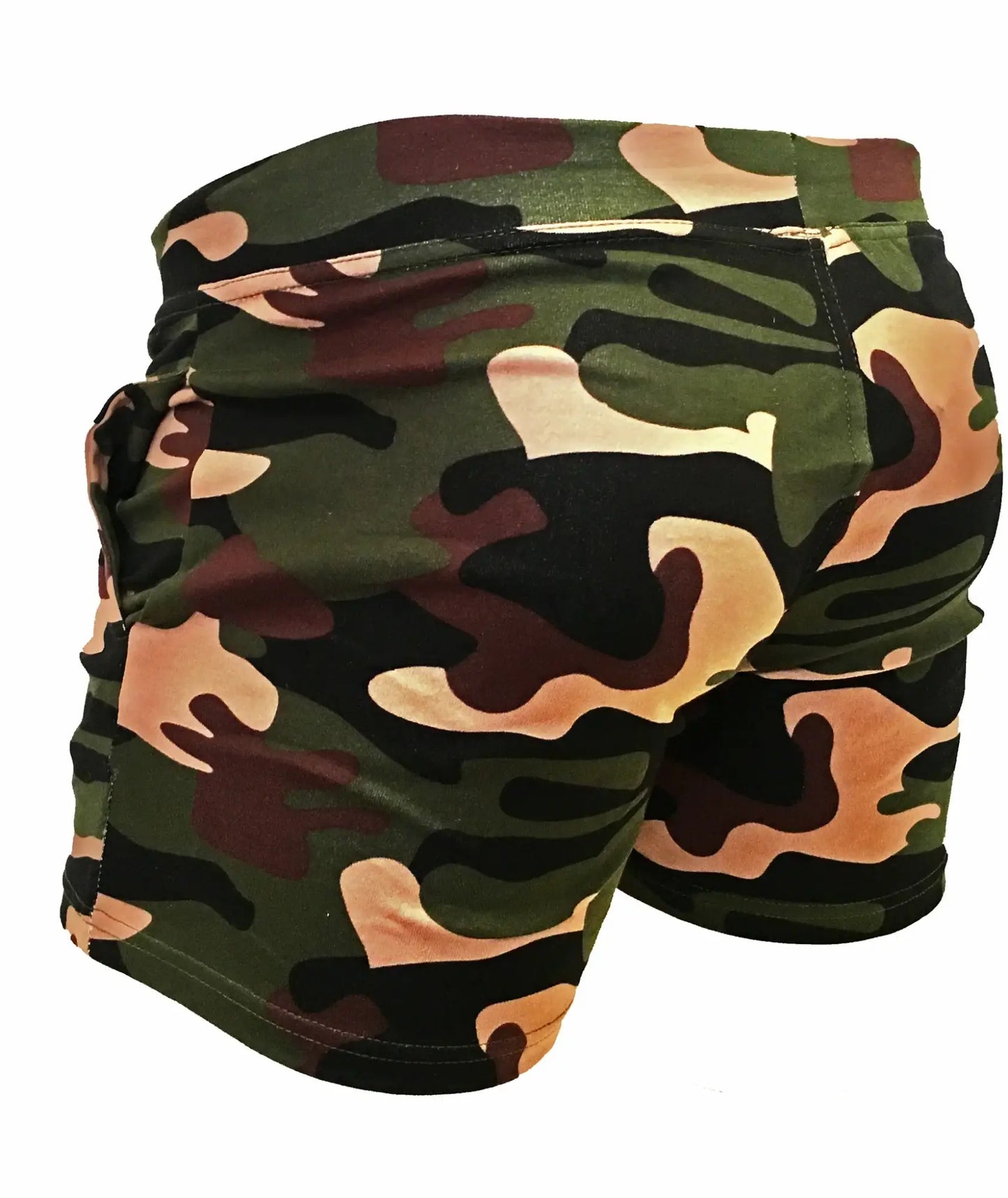 Camouflage short in dark green black and tan tones featuring a classic pattern ideal for outdoor activities