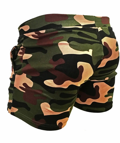Camouflage short in dark green black and tan tones featuring a classic pattern ideal for outdoor activities