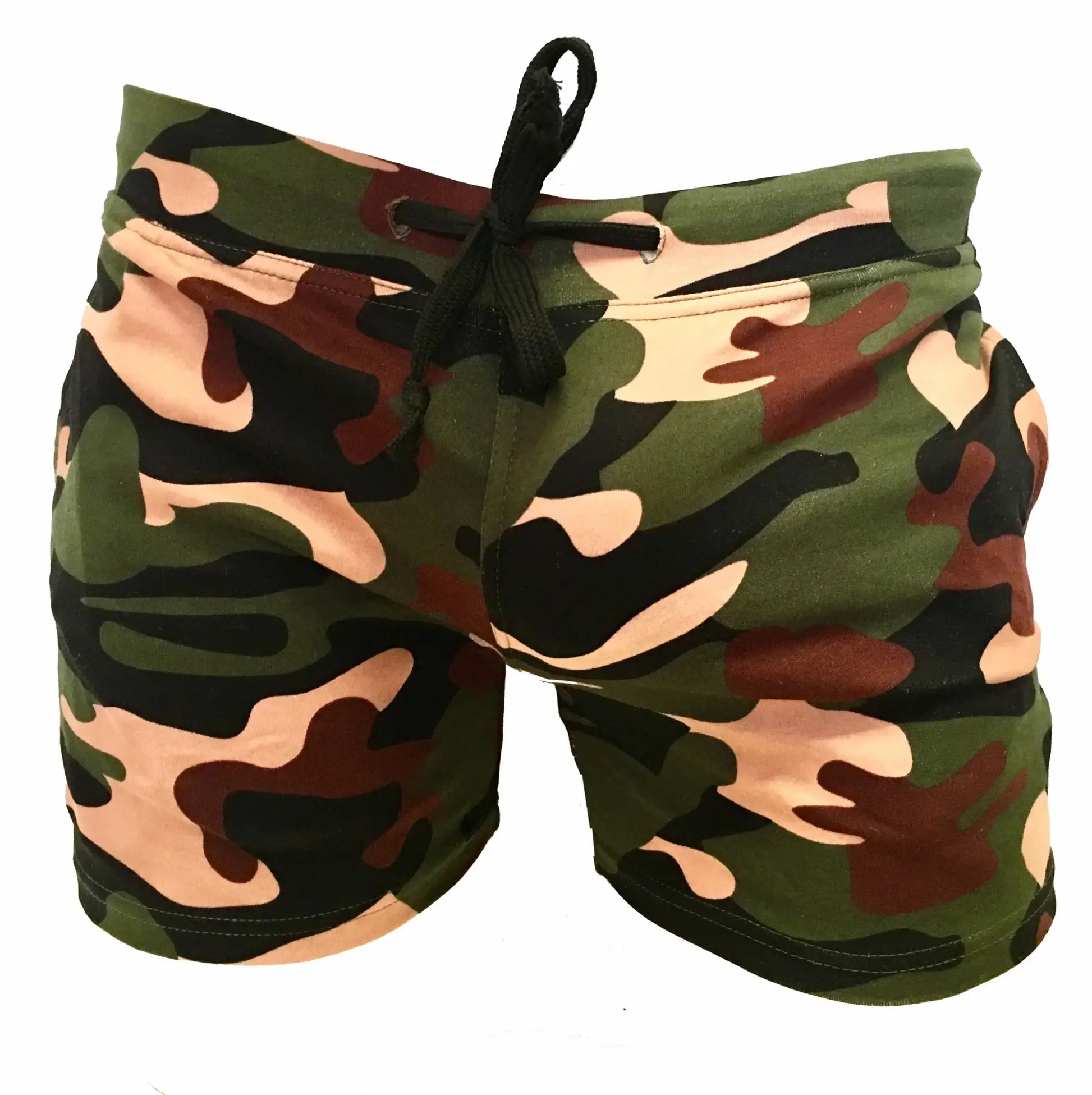 Camouflage shorts with drawstring waistband in green and brown pattern perfect for casual outdoor wear