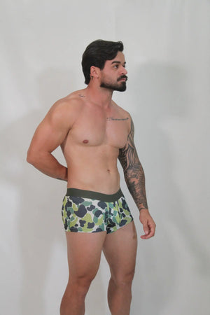 Green and black camouflage patterned briefs with solid dark green waistband for comfortable daily wear