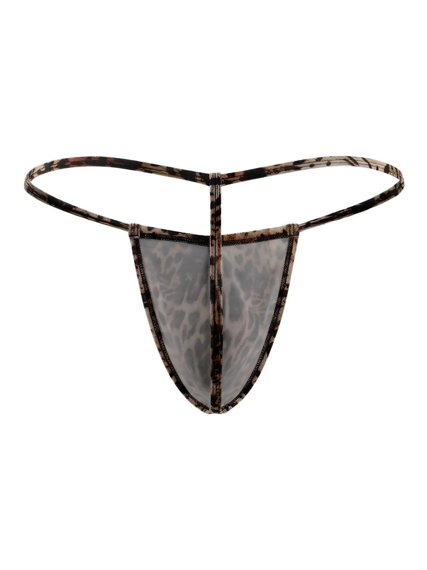 Sheer CandyMan 9586 G-string thong with leopard print and black brown elastic waistband shown from the back side