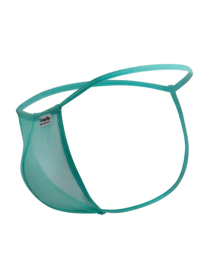 Teal mesh thong g-string with thin supportive straps and a branded tag in candy man 9586 aqua mesh color