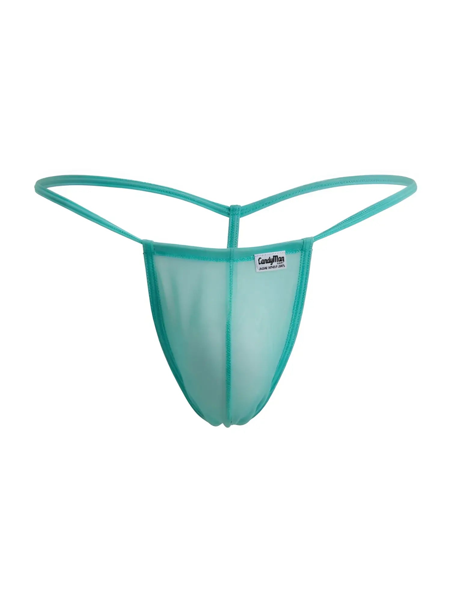 Teal mesh thong g-string with thin supportive waistband and small brand tag candyMan 9586 aqua mesh