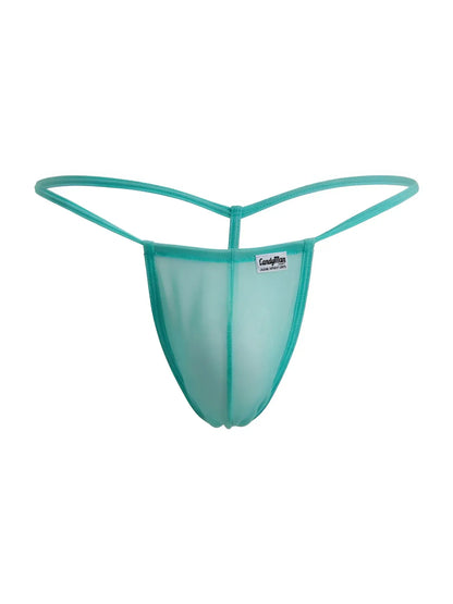 Teal mesh thong g-string with thin supportive waistband and small brand tag candyMan 9586 aqua mesh
