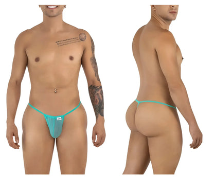 Teal mesh thong with a small white CandyMan brand tag on the front in the color aqua mesh G-string style