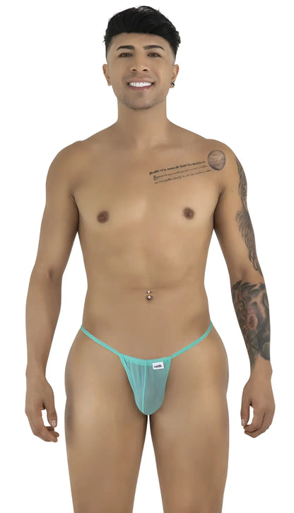 Teal mesh thong g-string with a small white brand tag on the front from candyman 9586 aqua mesh collection