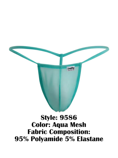 CandyMan 9586 g-string aqua mesh thong in sheer translucent teal with thin elastic straps and snug fit shown from back