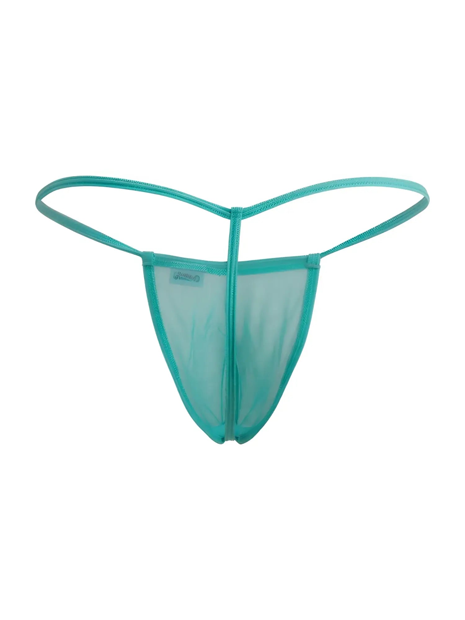 A translucent teal mesh thong with thin elastic straps from candyman 9586 g-string color aqua mesh collection