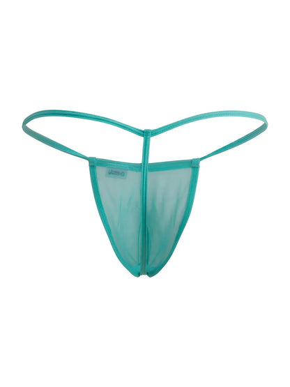 A translucent teal mesh thong with thin elastic straps from candyman 9586 g-string color aqua mesh collection