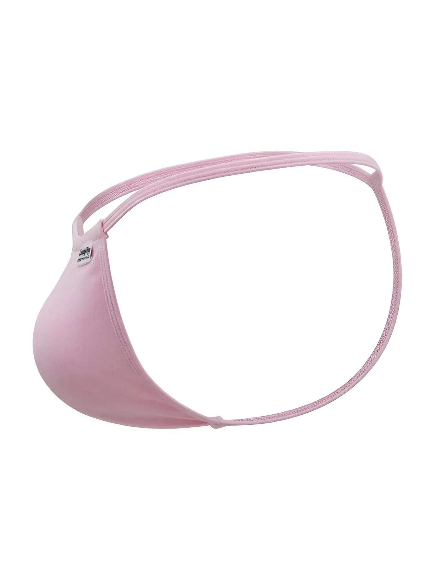 Pink stretchy fabric thong with thin elastic straps in baby pink candyMan 9586 g-string showing front view
