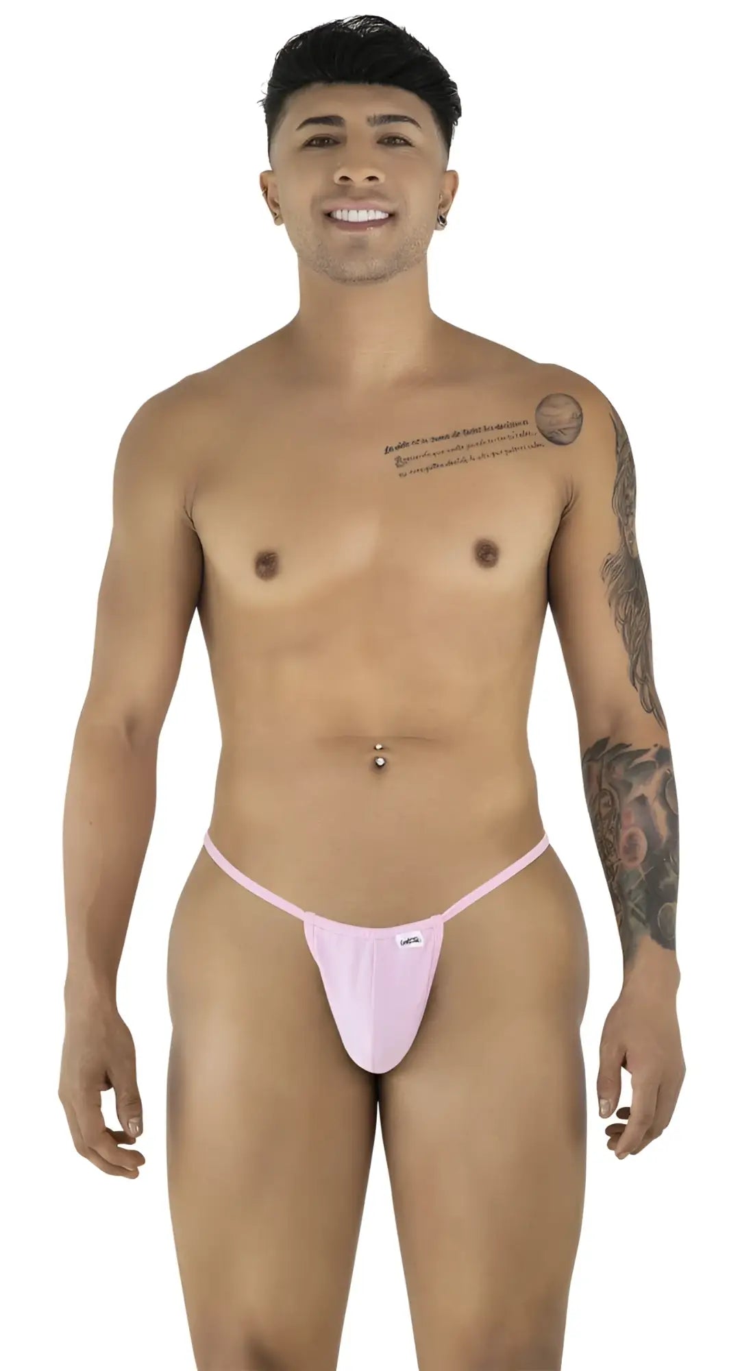 Pink cotton thong g-string with a small white candyMan logo on the front in baby pink color