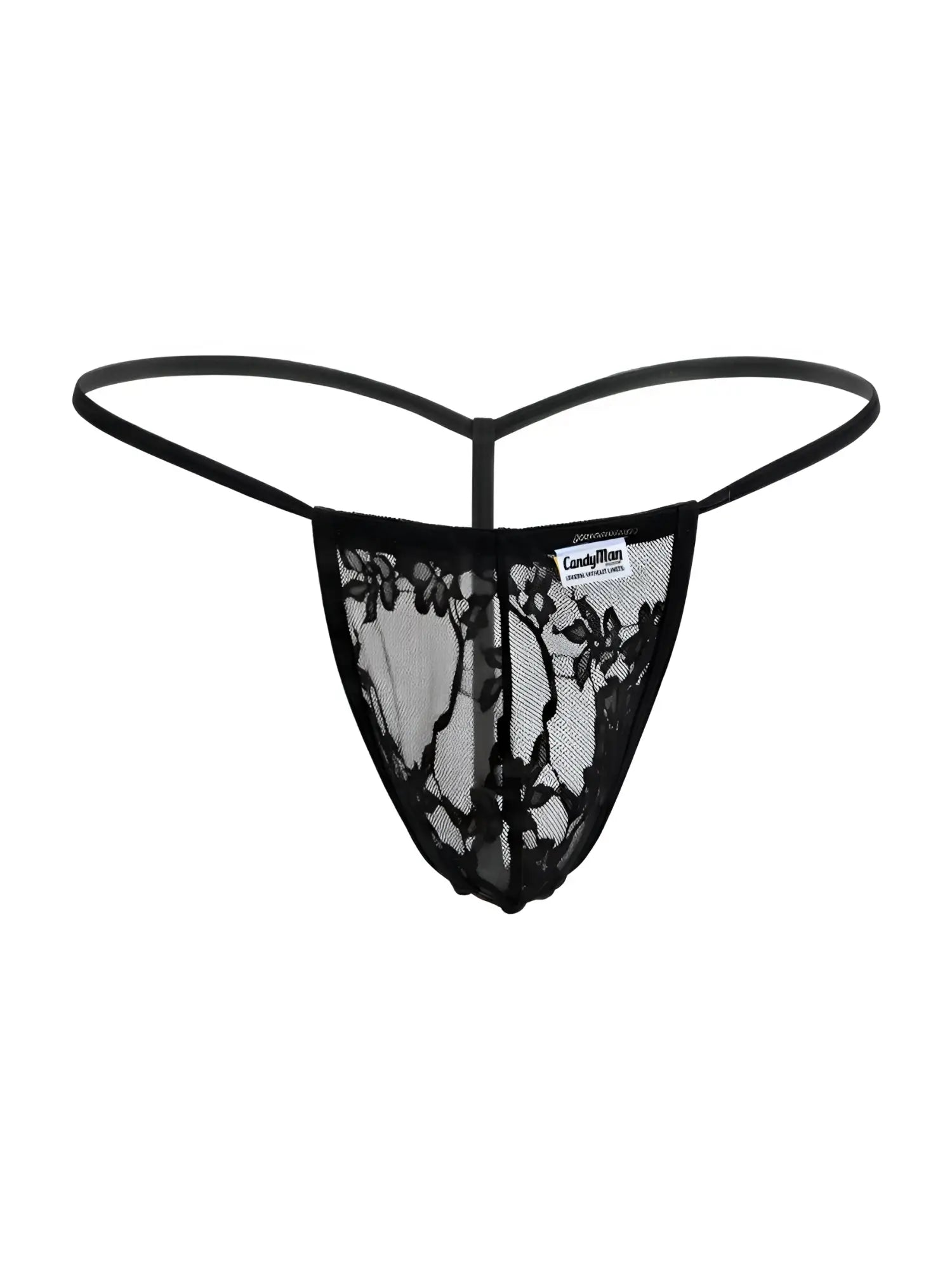 CandyMan 9586 black lace thong with delicate floral pattern and thin supportive straps front view