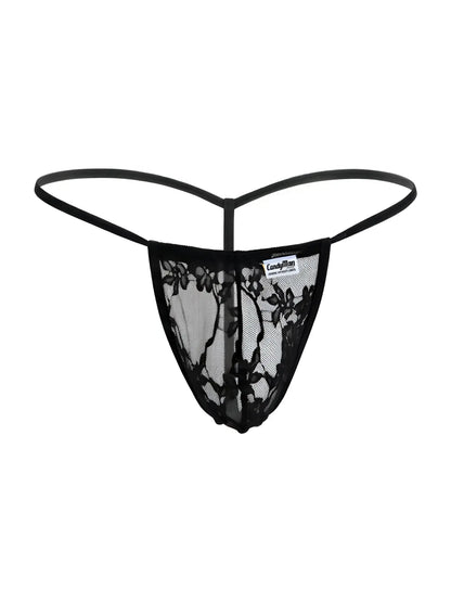 CandyMan 9586 black lace thong with delicate floral pattern and thin supportive straps front view