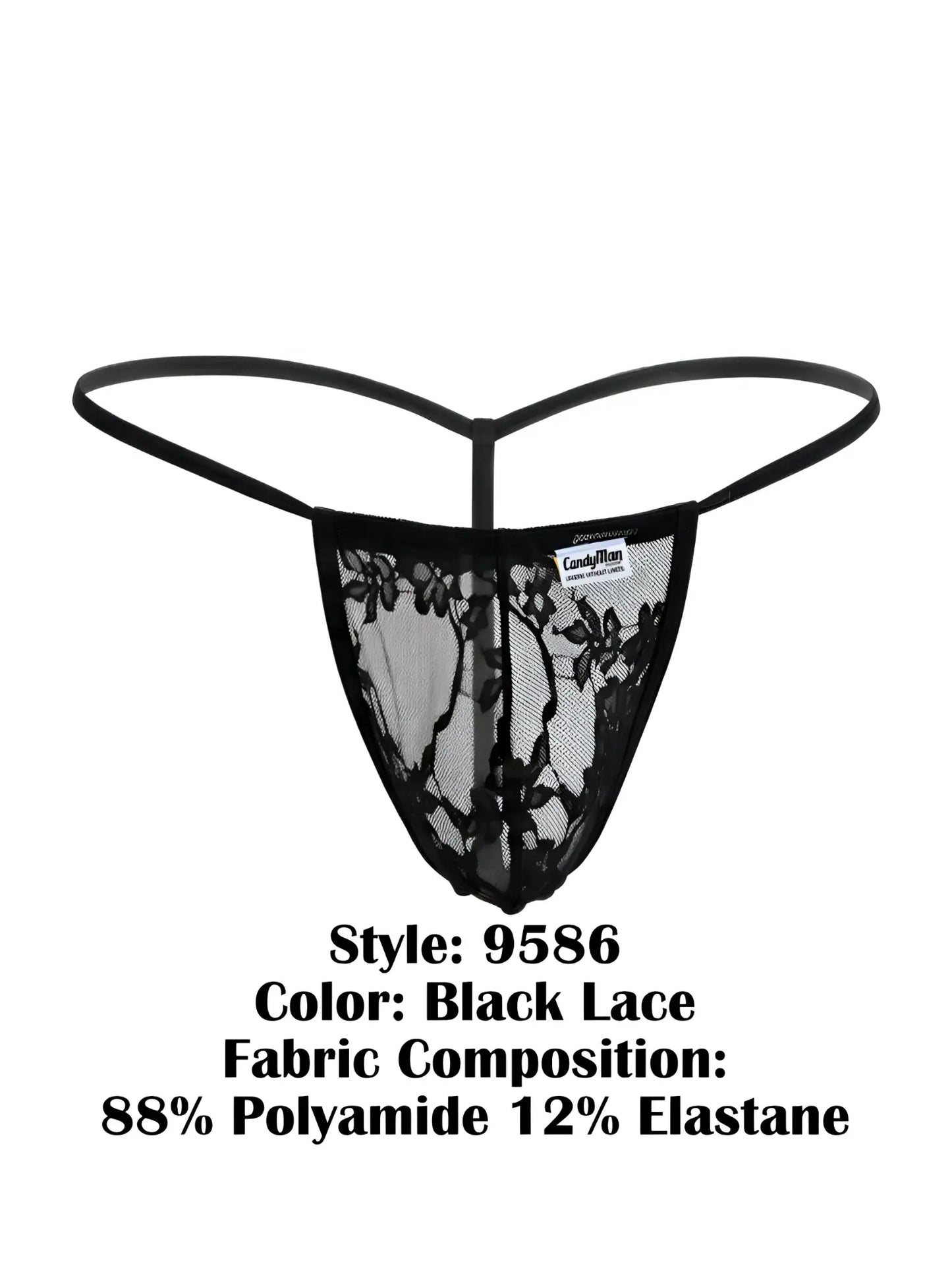Black lace thong CandyMan 9586 g-string with delicate floral patterns and thin elastic band in black lace