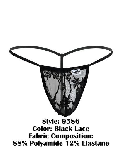 Black lace thong CandyMan 9586 g-string with delicate floral patterns and thin elastic band in black lace