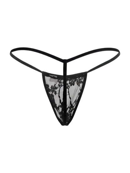 CandyMan 9586 black lace g-string thong with delicate floral patterns and thin supportive straps shown from the back