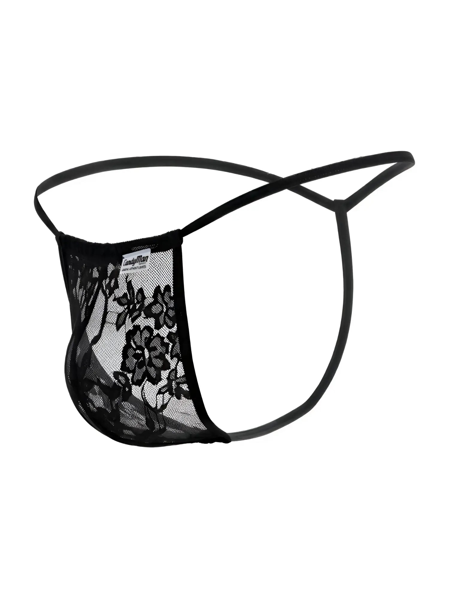 Black lace thong g-string with floral pattern and thin elastic straps from candyman 9586 collection front view