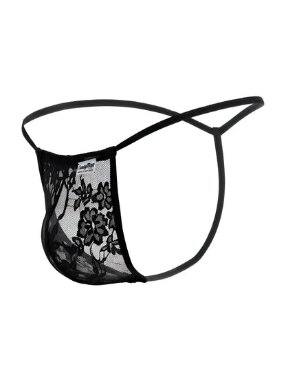 Black lace thong g-string with floral pattern and thin elastic straps from candyman 9586 collection front view