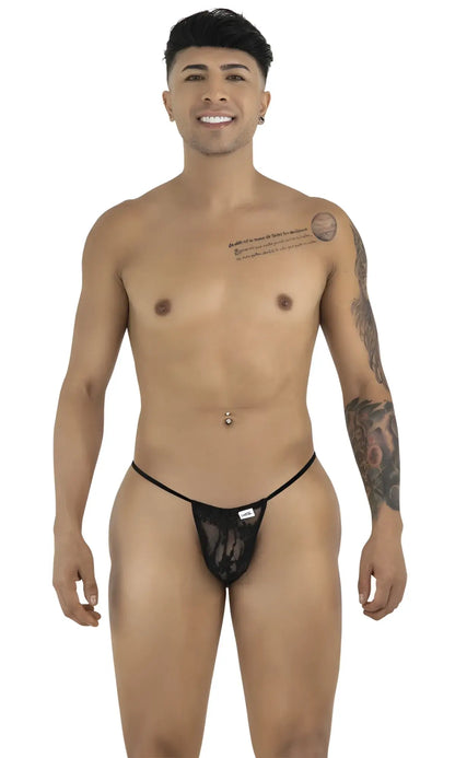 Black lace thong g-string candyMan 9586 with small white brand tag on the front in color black lace material