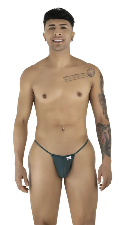 Dark green minimalist CandyMan 9586 G-String thong with bottle green mesh and small white brand tag at the front