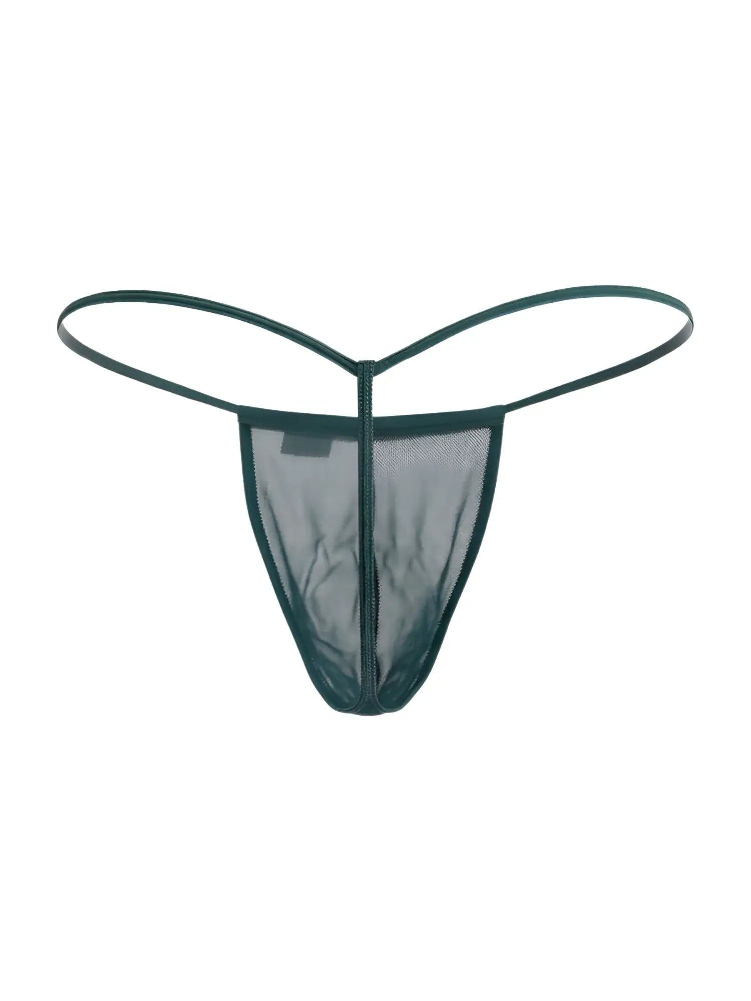 Dark green bottle green mesh candyMan 9586 g-string thong with thin matching elastic straps front side view