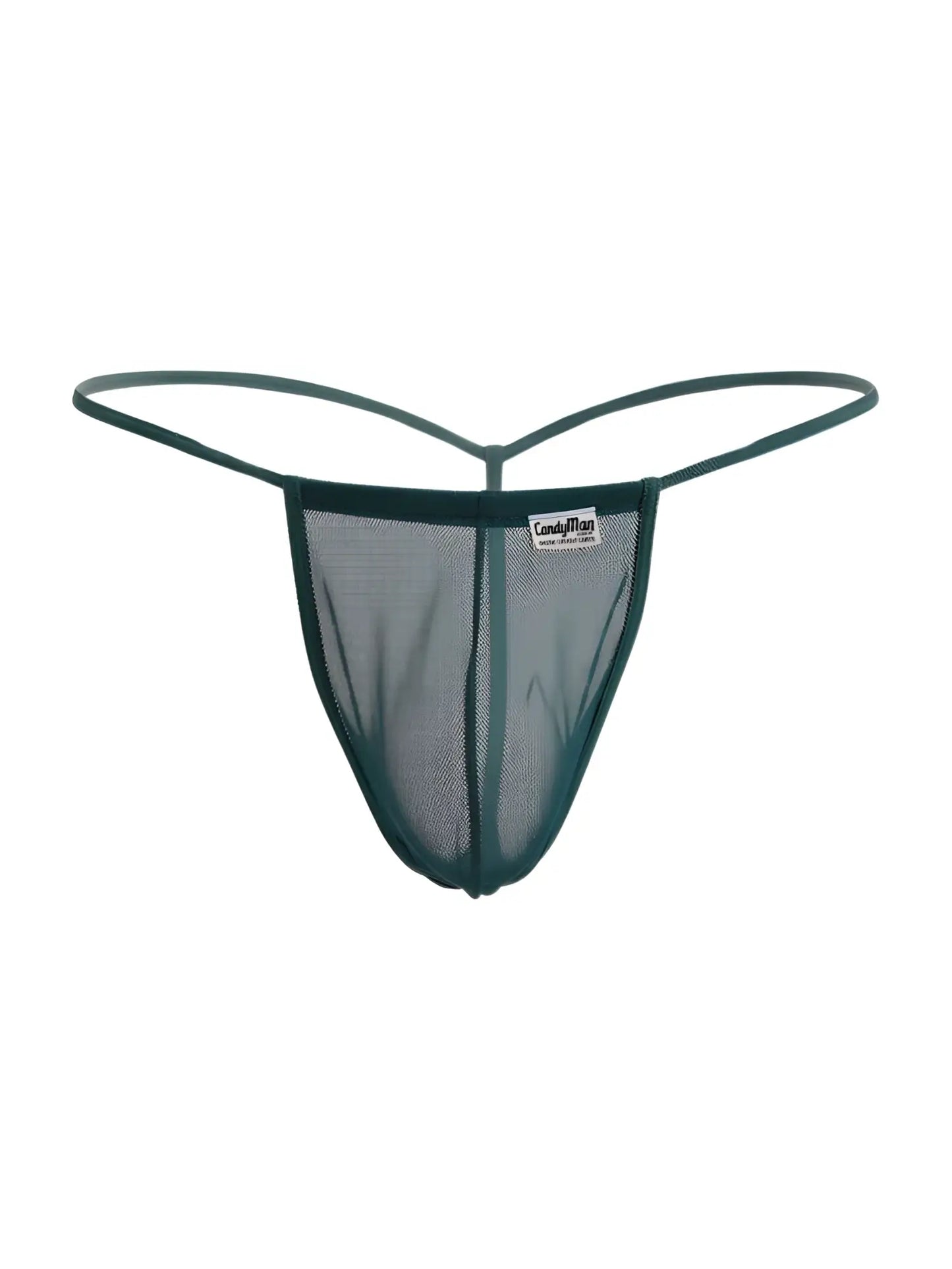 Dark green mesh thong g-string with thin elastic straps and a small brand tag candy man 9586 bottle green mesh