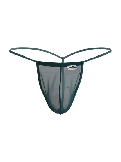 Dark green mesh thong g-string with thin elastic straps and a small brand tag candy man 9586 bottle green mesh