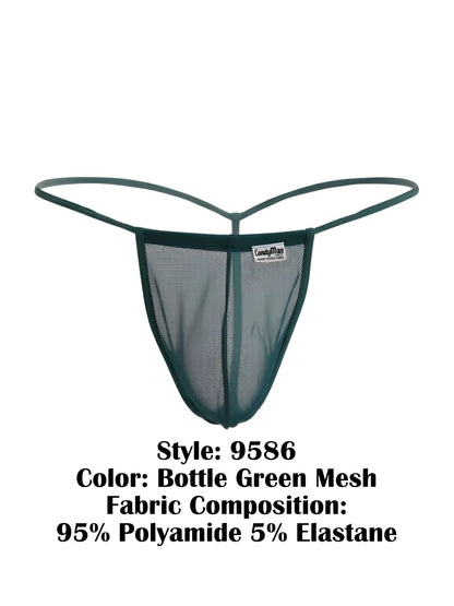 Bottle green mesh CandyMan 9586 g-string with thin elastic straps and branded label at center front