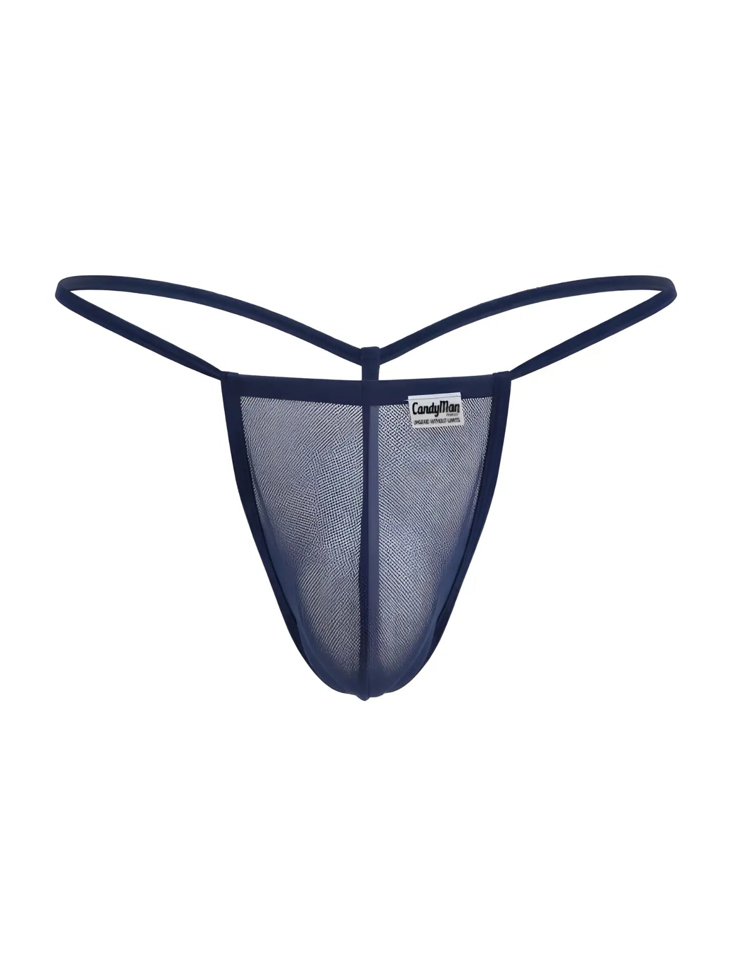 Navy blue mesh thong g-string with thin elastic straps and a small CandyMan brand tag visible in front view