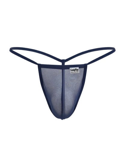 Navy blue mesh thong g-string with thin elastic straps and a small CandyMan brand tag visible in front view