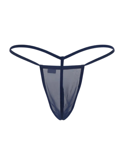 Navy blue mesh thong with thin elastic straps shown from the back in the Candyman 9586 g-string style