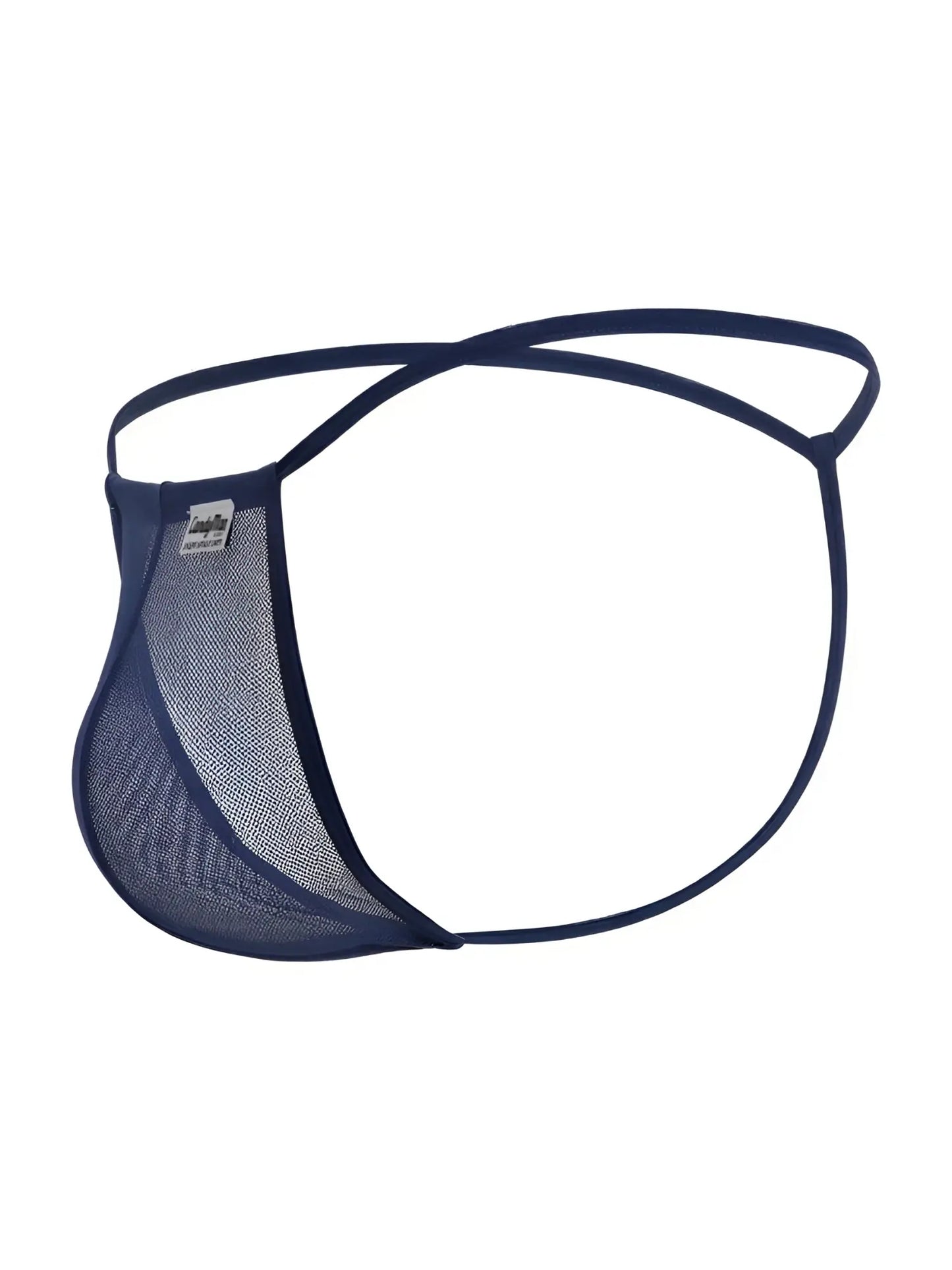 CandyMan 9586 navy blue mesh thong g-string with thin elastic straps shown from the back side