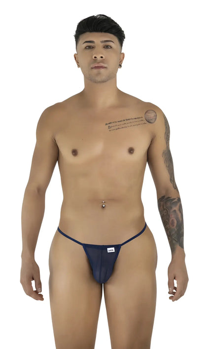 Navy blue CandyMan 9586 G-string thong made of dark blue mesh with a small white brand tag on the front
