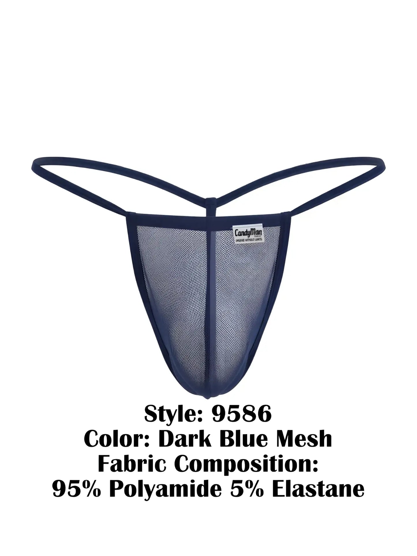 Dark blue mesh thong g-string by CandyMan with thin supportive straps and branded label at the center front