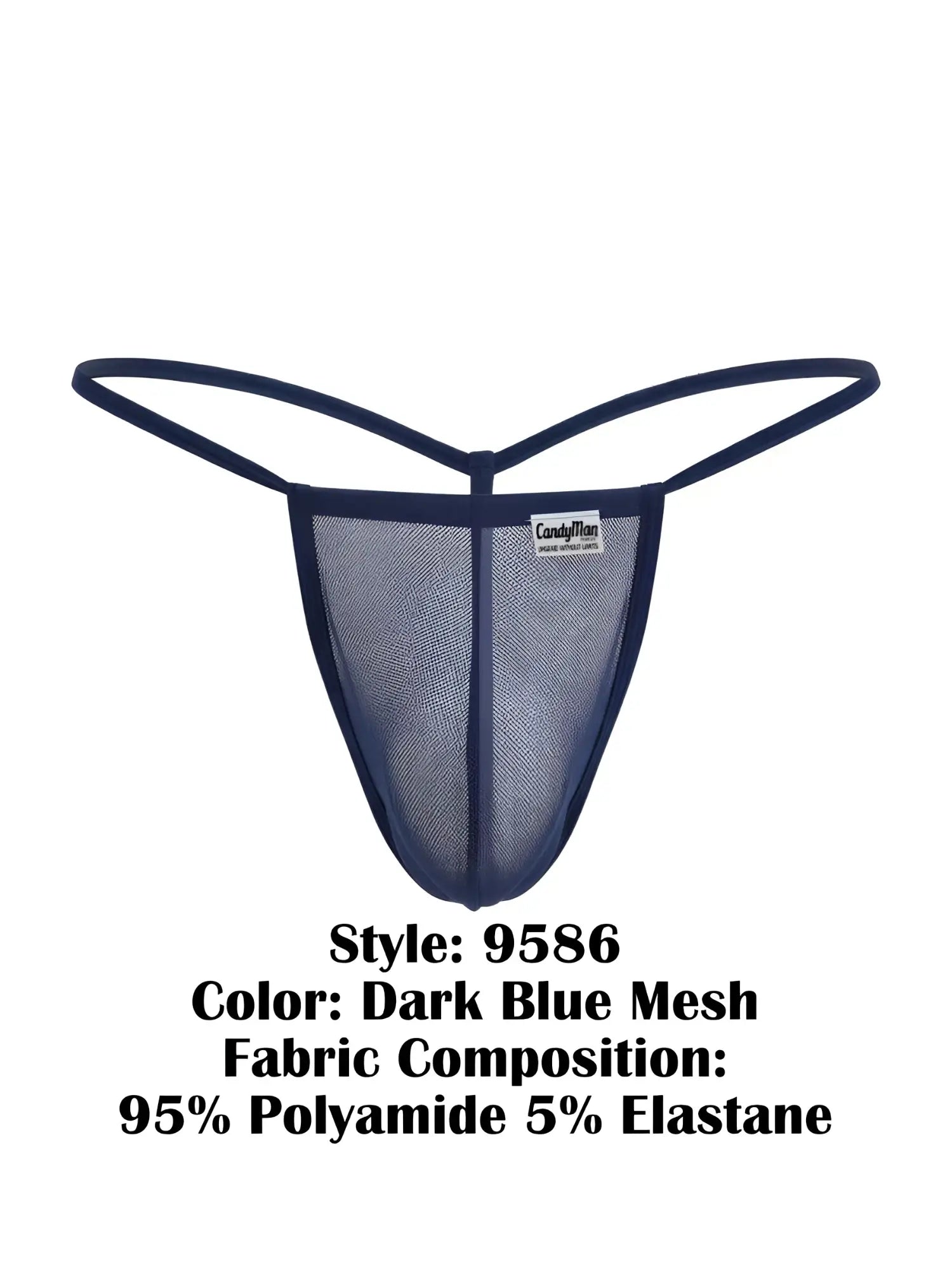 Dark blue mesh thong g-string by CandyMan with thin supportive straps and branded label at the center front