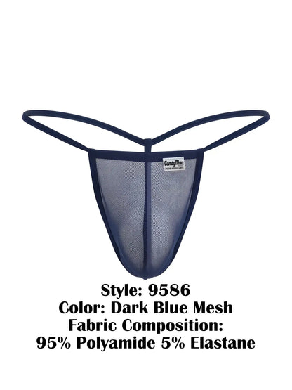 Dark blue mesh thong g-string by CandyMan with thin supportive straps and branded label at the center front