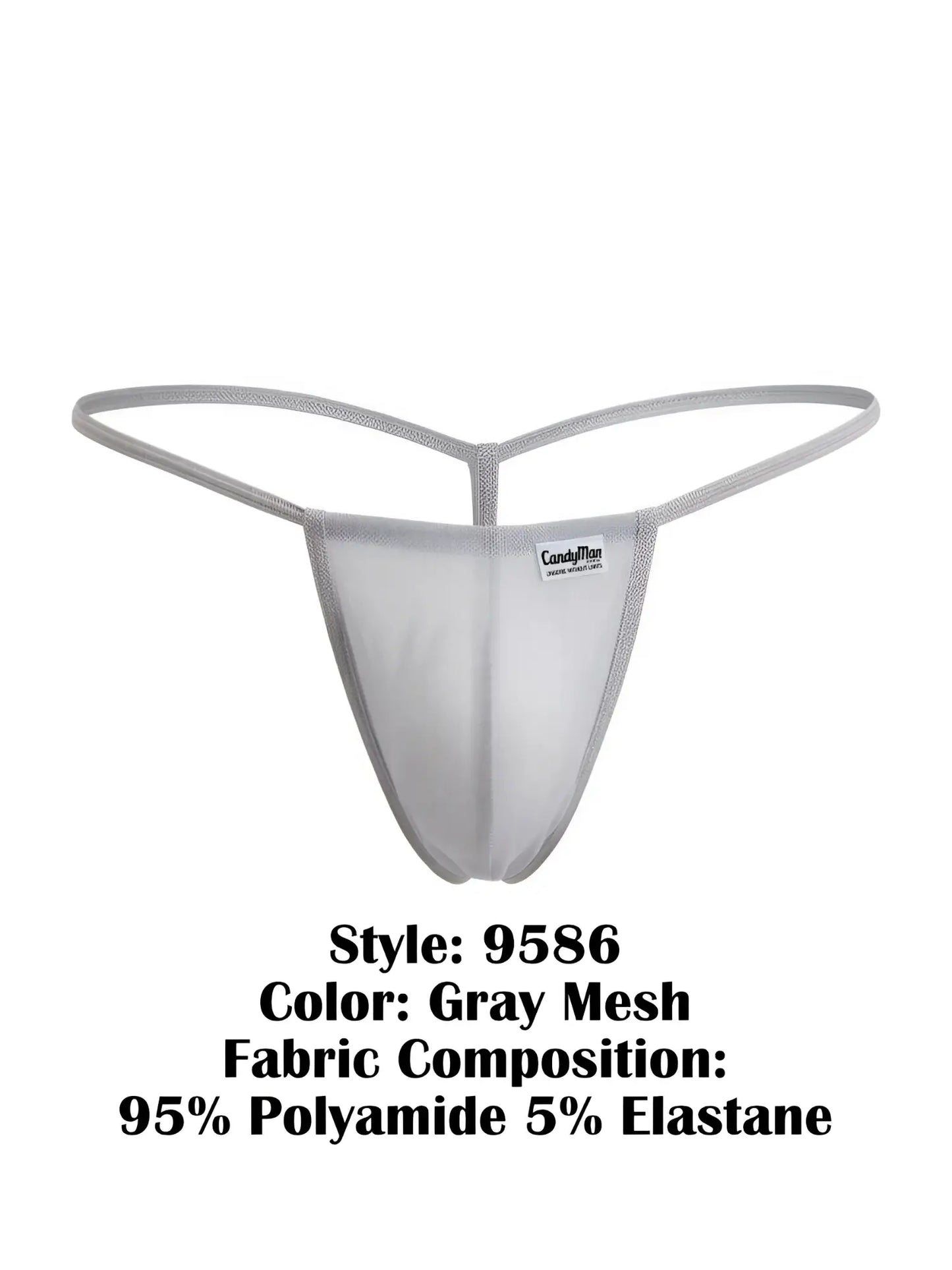 Gray mesh thong candyMan 9586 g-string with sleek form-fitting design and thin elastic straps shown from the back side