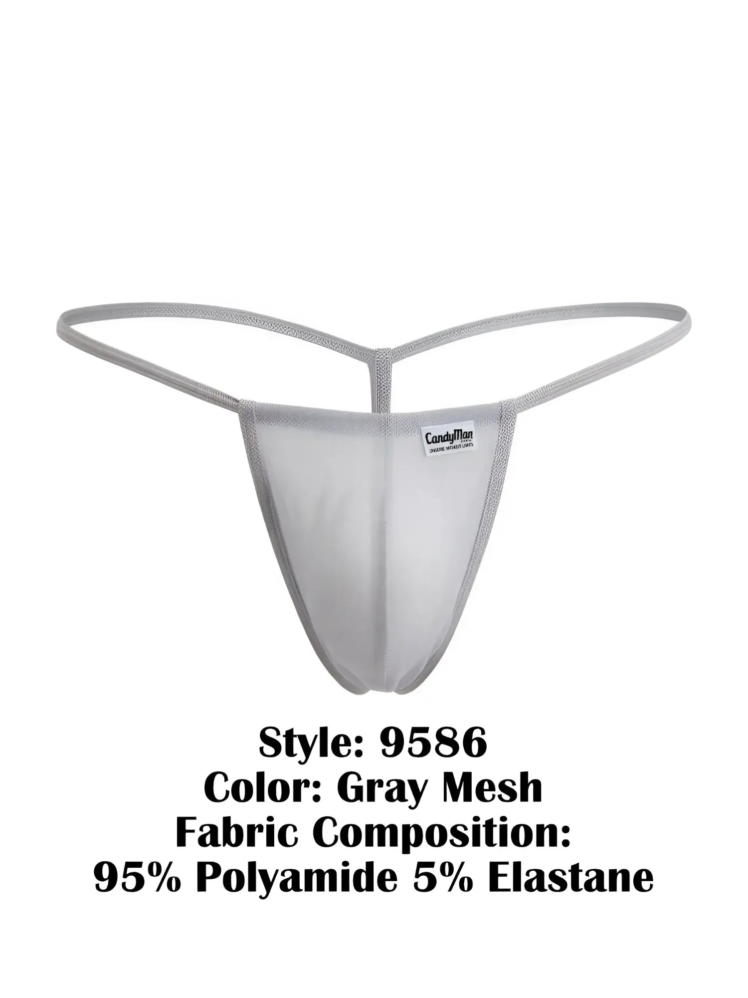 Gray mesh thong candyMan 9586 g-string with sleek form-fitting design and thin elastic straps shown from the back side